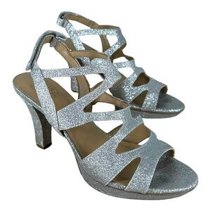 Naturalizer Women’s 9M Dianna Silver Strappy Heels Glitter Retro Slingback Sexy
